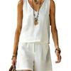 Summer Women Solid 2 Piece Set Casual Sleeveless Linen Cotton Top Vest Shorts Suit Outfit