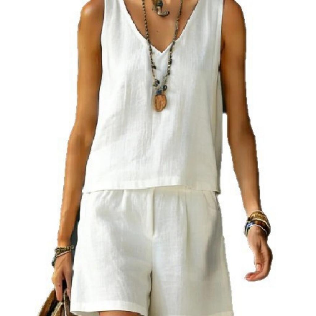 Summer Women Solid 2 Piece Set Casual Sleeveless Linen Cotton Top Vest Shorts Suit Outfit
