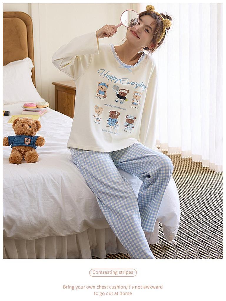 Women's Sweet and Cozy Cotton Pajama Set - Long Sleeve Top with Chest Pads & Long Pants