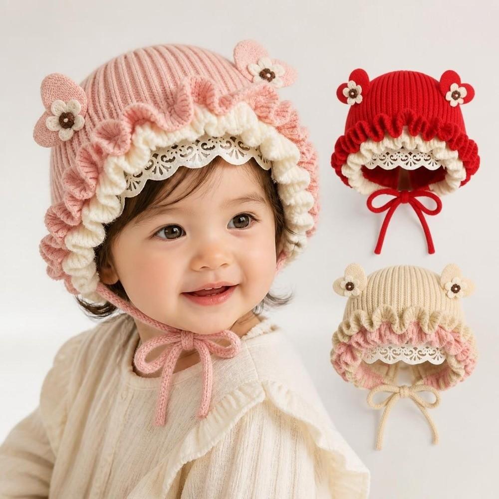 Elastic Soft Princess Knitted Hat Lace Ruffle Trim Ear Protection Hat Baby Toddlers