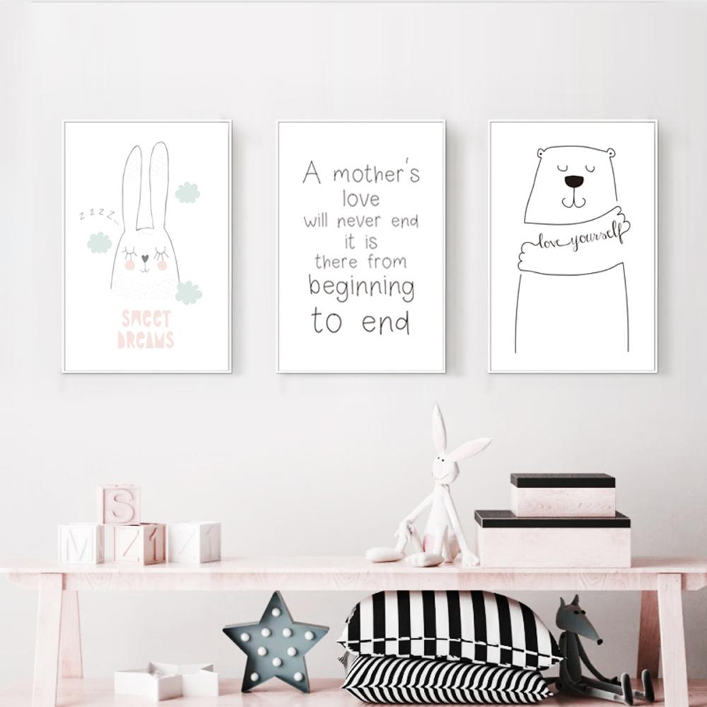 Cute Cartoon Minimalist Rabbit Bear Child Line Wall Canvas Posters Painting Prints For Living Kids Room Home Decoration Decor