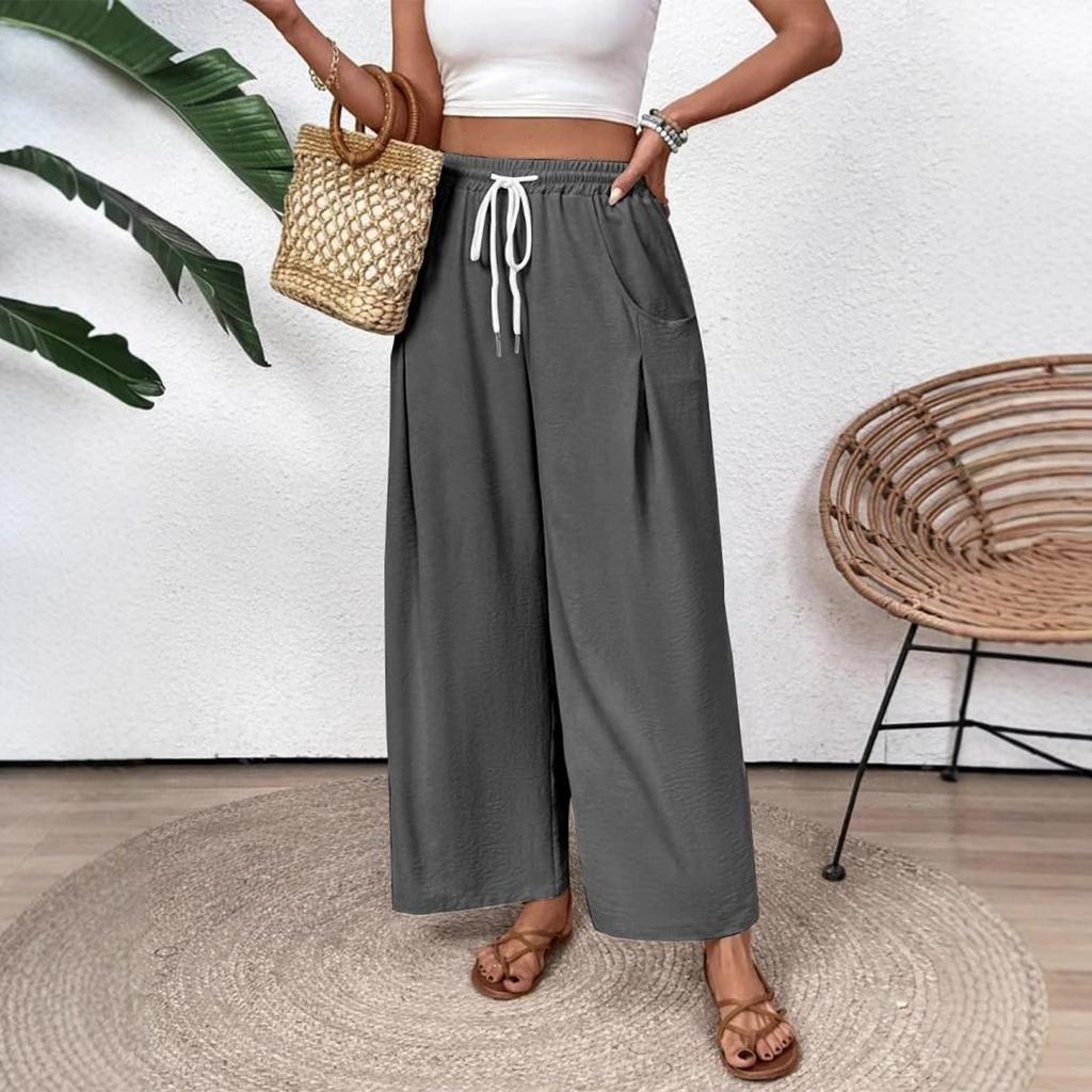 Women's Fashion Solid Color Drawstring High Waist Elastic Waist Pocket Wide Leg Casual Pants