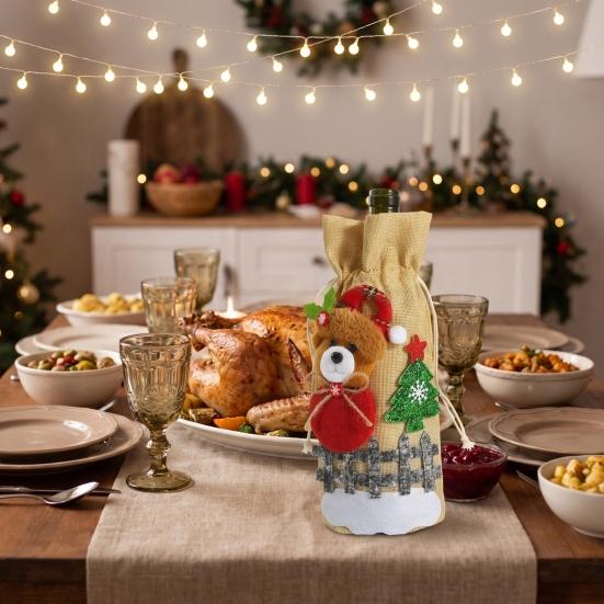 Dining Table Ornament Sets Christmas Wine Bottle Cover, Santa Claus/Snowman/Elk/Bear Gift Bag with Sticker Decals, Holiday Winter Home Accents
