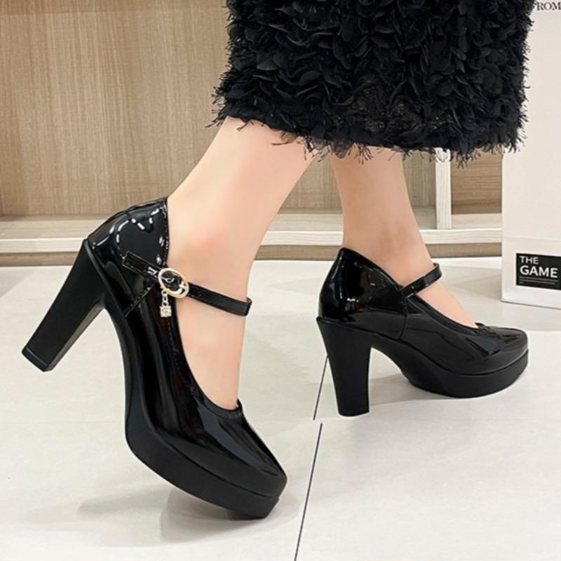 Women's High Heels Thick-soled Waterproof Platform Thick-heeled Leather Shoes Work Shoes