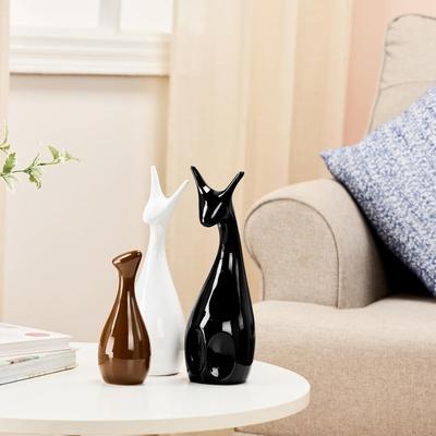 Home Decoration Happy Deer Family Set | Piano Finish Ceramic Figures (Set of 3, Black, White & Brown)