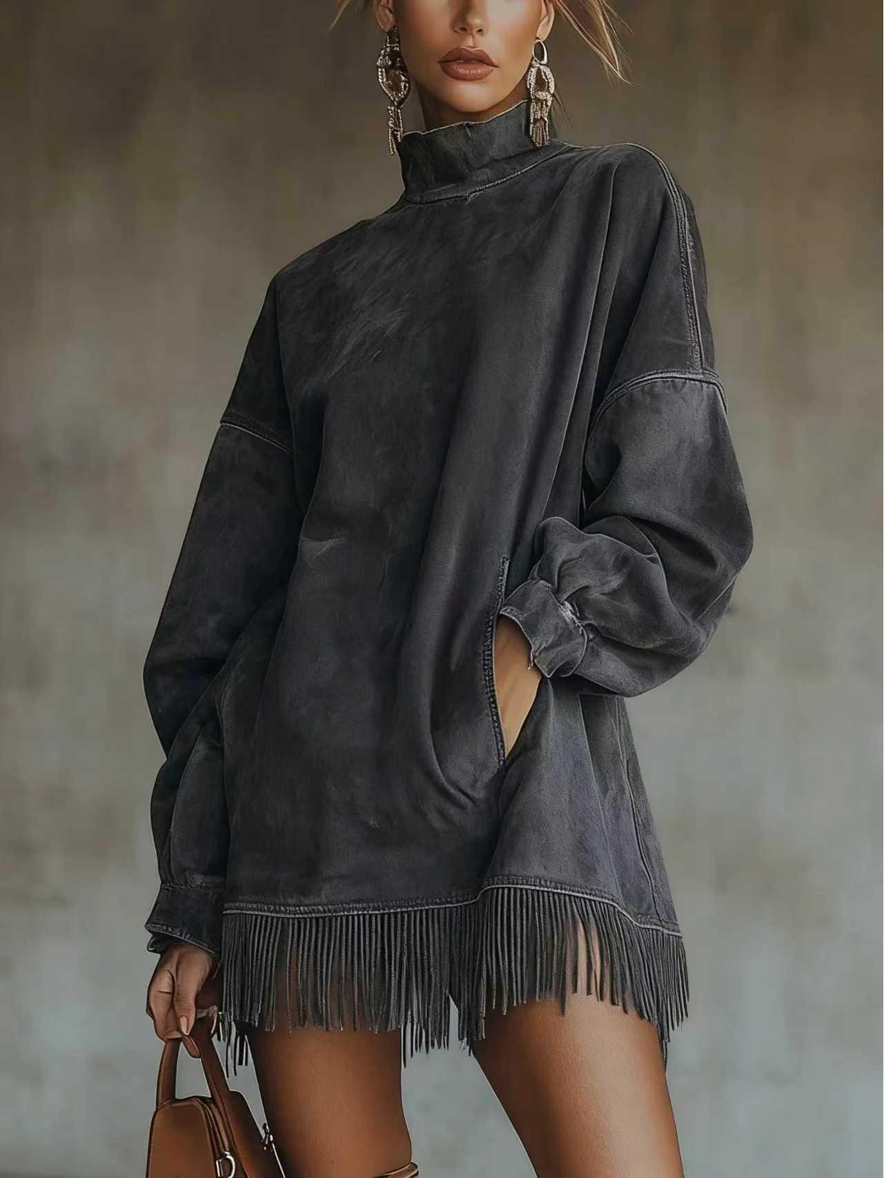 

High Neck Loose Pocket Tassel Long Sleeve Suede Dress, 2026 Edition XL темно-серого