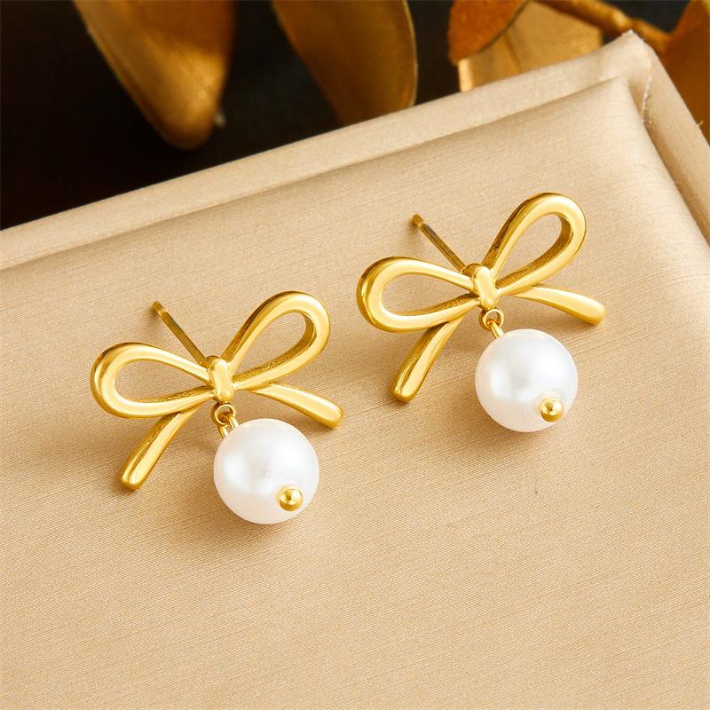 Elegant Golden Pearl Bow Stud Earrings with Chain Tassel Necklace Jewelry Set