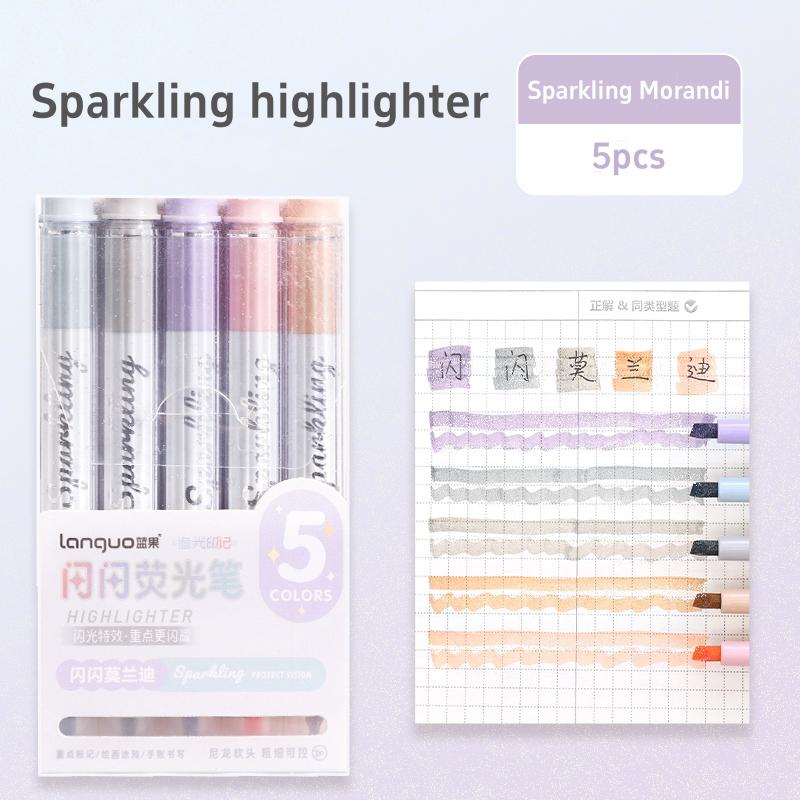 5pcs Mild Colors Highlighter Pens Set, Morandi Protect Vision Soft Chisel Brush Tip - Hued & Sparkling Fluorescent Markers