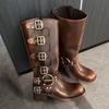 Miu * home knight boots belt buckle thick heel martin boots women's leather retro knee boots western cowboy boots