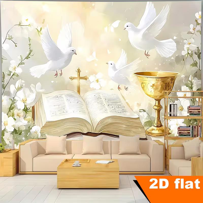 Christian Faith Backdrop, Bible, Chalice and Doves with White Flowers for Religious Ceremony Decor