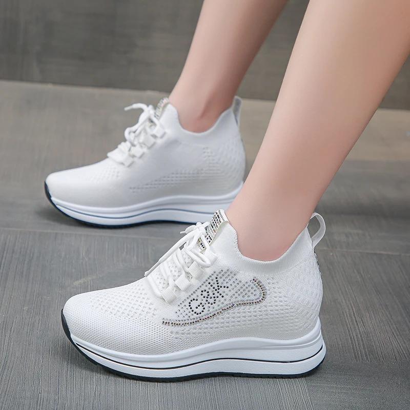 2025 Shoes Female Mesh Women's Vulcanize Shoes Outdoor Breathable Women Sneakers Crystal Increased Internal Lace Up Casual Shoes