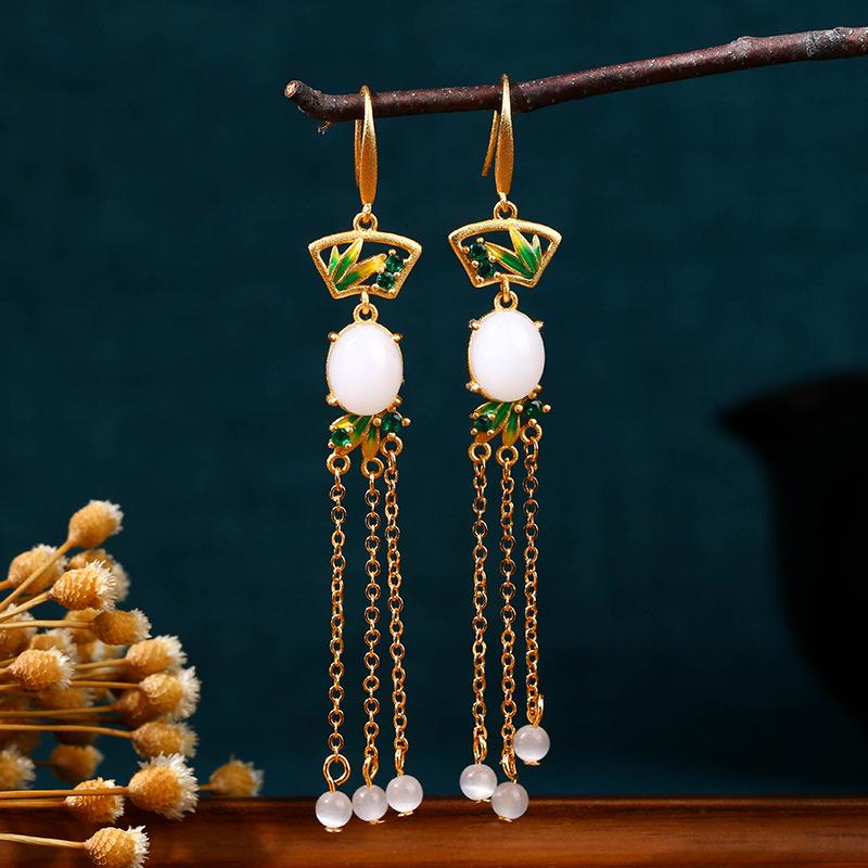 Aieryuan Gold-Plated Fan-Shaped Earrings with Imitation Jade Tassels - Retro Design