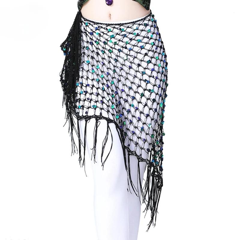 BellyDance Accessories for Women Long Tassel Belt Elastic Triangle of Hand Crochet Belly Dancing Hip Scarf Sequins Girls Belt