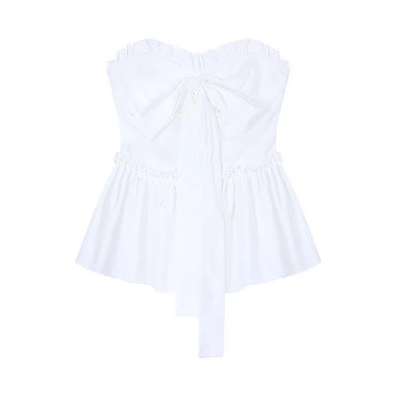 Sweet Wind White Bow Strap Tube Top Women's Summer French Ruffle Edge Chic Waist Slim Top