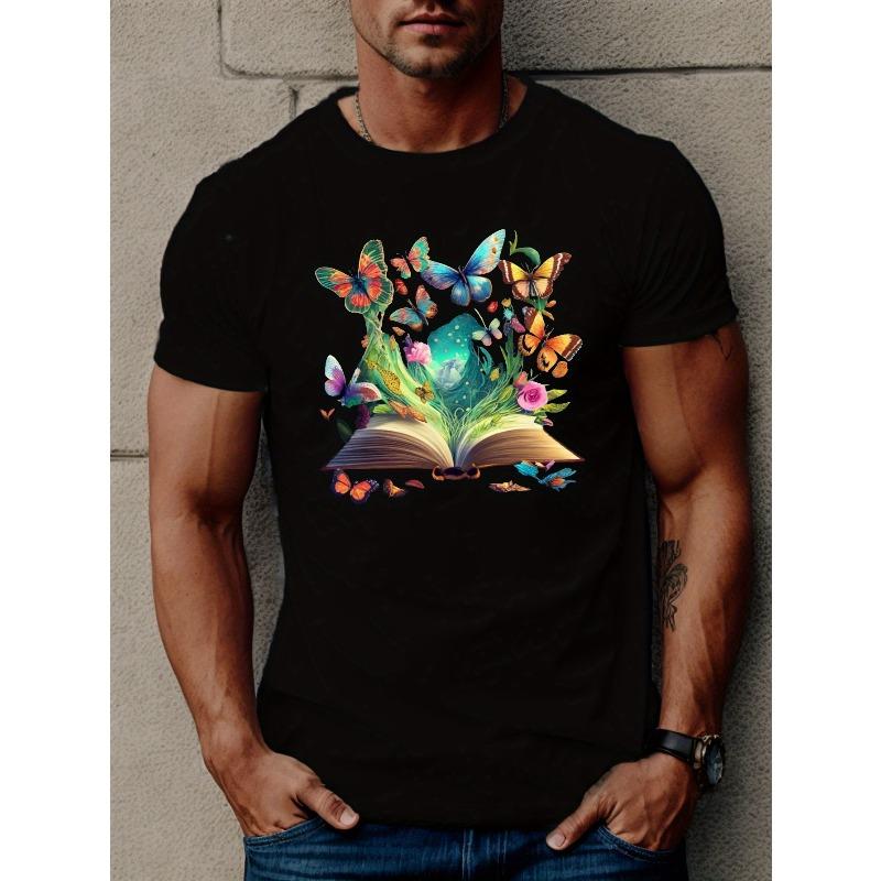 

European Size Butterflies In A Book Print T Shirt, Tees For Men, Casual Short Sleeve T-shirt For Summer 4XL чорний