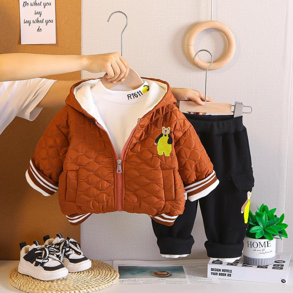 0-5-year-old boys' long sleeved 3-piece set, Children's winter velvet warm cotton suit set, Teddy bear printed jacket