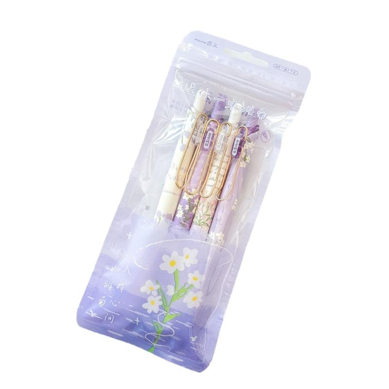 4PCS Flower Print Gel Inks Pen Retractable Gel Pen with Metal Clip Ergonomic Grip 0.5MM Tip Black Inks for Office School
