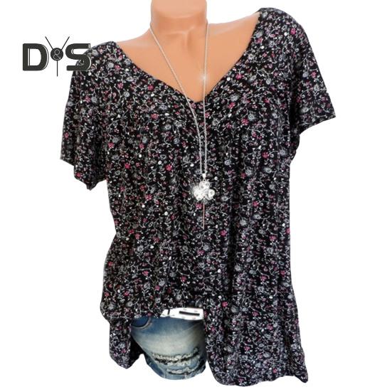 

Женская футболка с V-образным вырезом и коротким рукавом с цветочным принтом, свободный крой, дышащий летний пуловер, топы на каждый день 3XL чёрный