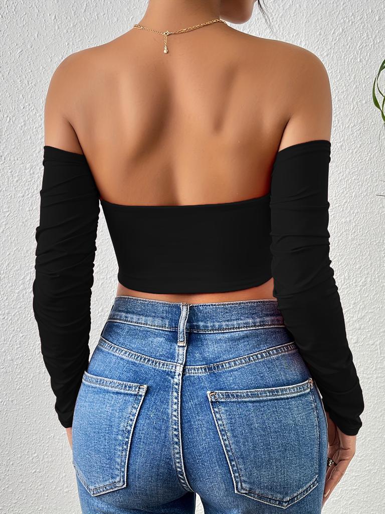 Solid Off-shoulder T Shirt Basic Long Sleeve Drawstring Crop Top Women T-shirt Casual Tank Top Slim Female Crop Top Fashion Tee Shirt Y2k Streetwear