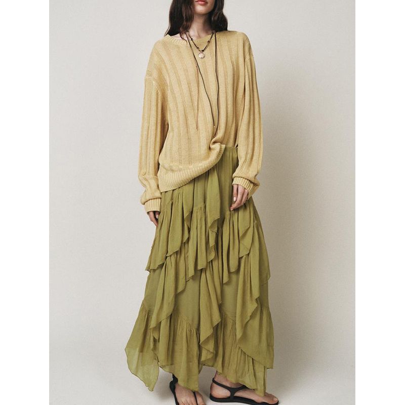 Summer New Product Women's Clothes Ins Style Laminated Decoration Asymmetric Hem Mid-Waist Midi Skirt Skirt 0148042