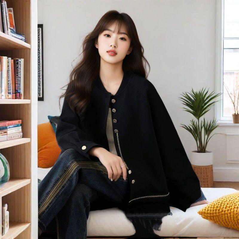 

Однотонный кардиган на пуговицах с длинным рукавом и круглым вырезом для женщин, одежда, модное повседневное элегантное пальто-топ для осени и зимы L чёрный