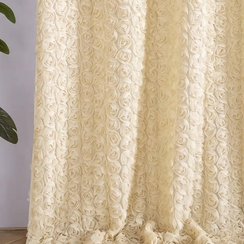 

3D Rose Embossed Sheer Window Curtain, Rod Pocket Semi Sheer Voile Drapes Floral Curtains For Home Bedroom Window Decoration 1pcs-140cmx100cm&Rod Pocket бежевий