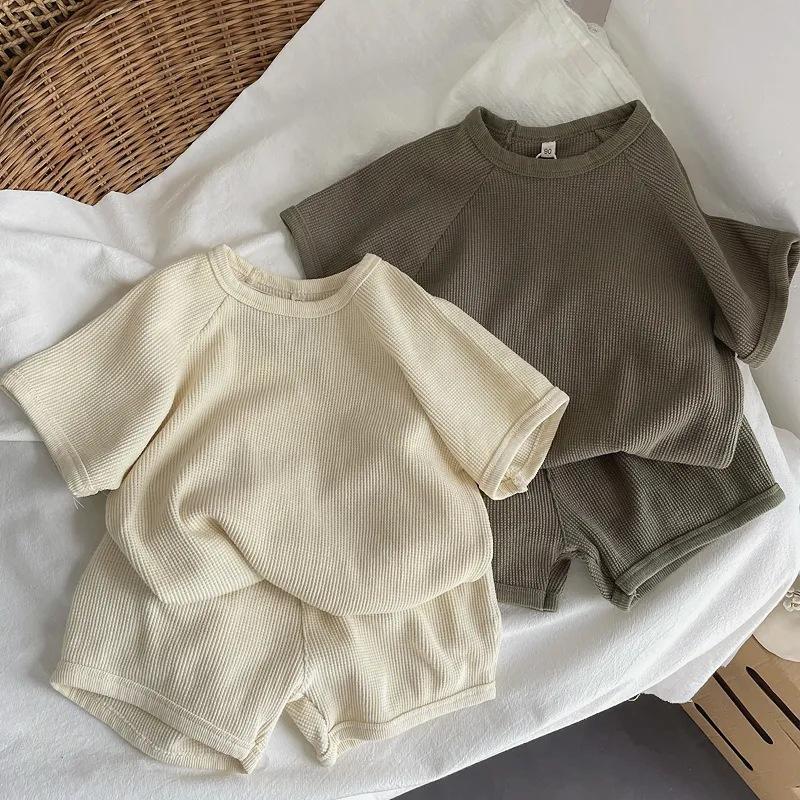 Boys' and Girls' Short Sleeve Set Waffle Baby Home and Outdoor Wear Simple and Trendy Two Piece Set