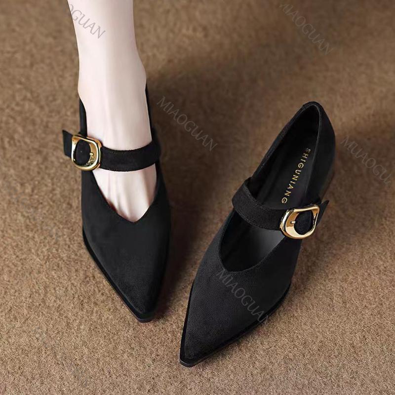 Pumps for Women Chunky Heel Pointed Toe Belt Buckle Mid Heeled Spring Autumn New Women's Office Commute Mary Jane Single Shoes