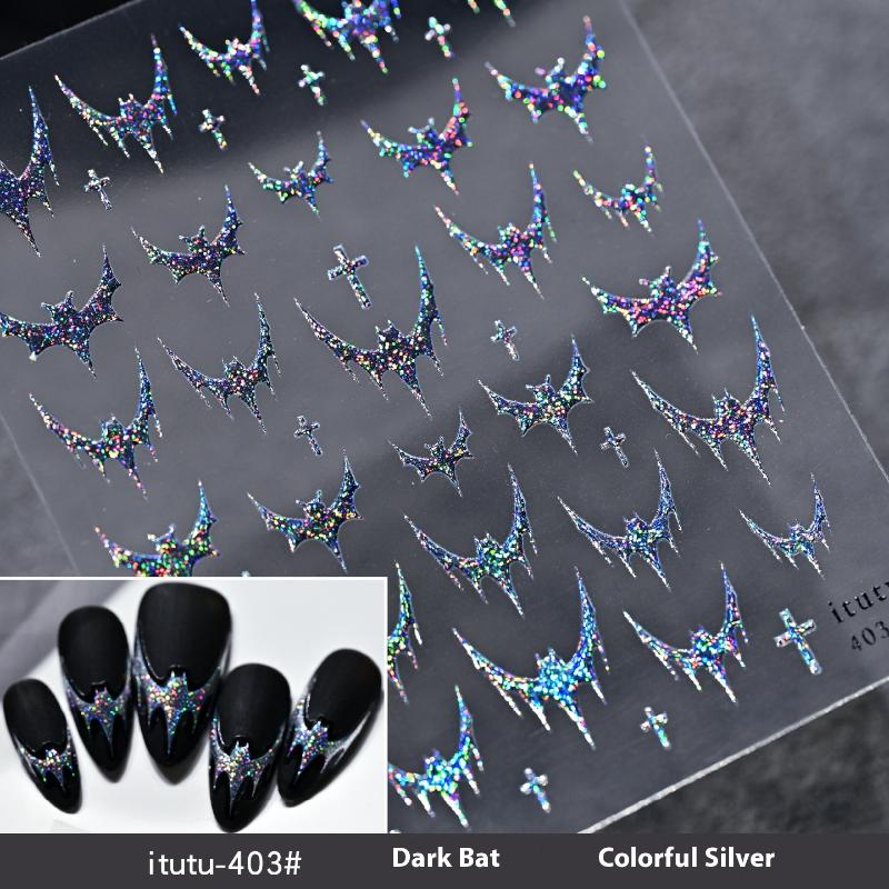 

Dazzling Laser Gothic Style Halloween Dark Bat Cross Adhesive Nail Art Stickers Decals Manicure Shiny Red Silver Black Charms срібний