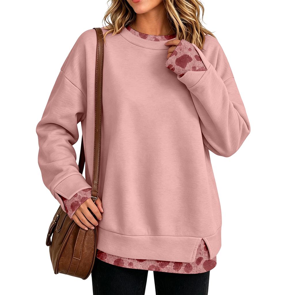 Women's Casual Leopard Print Pullover Top with Two-Piece Design, Long Sleeve Neck