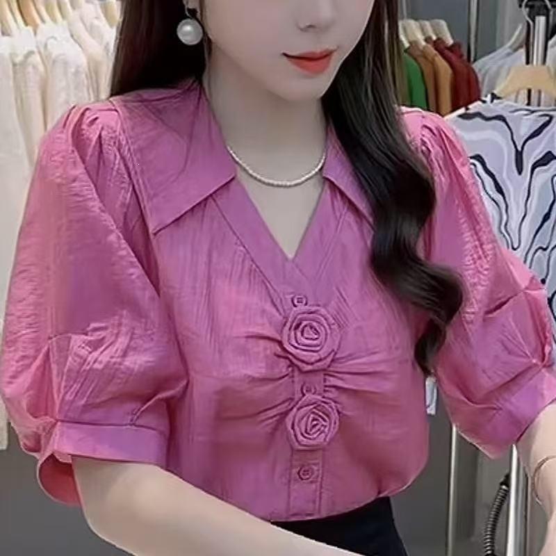 French three-dimensional flower short-sleeved shirt women's summer foreign versatile temperament top fashion V-neck pink shirt