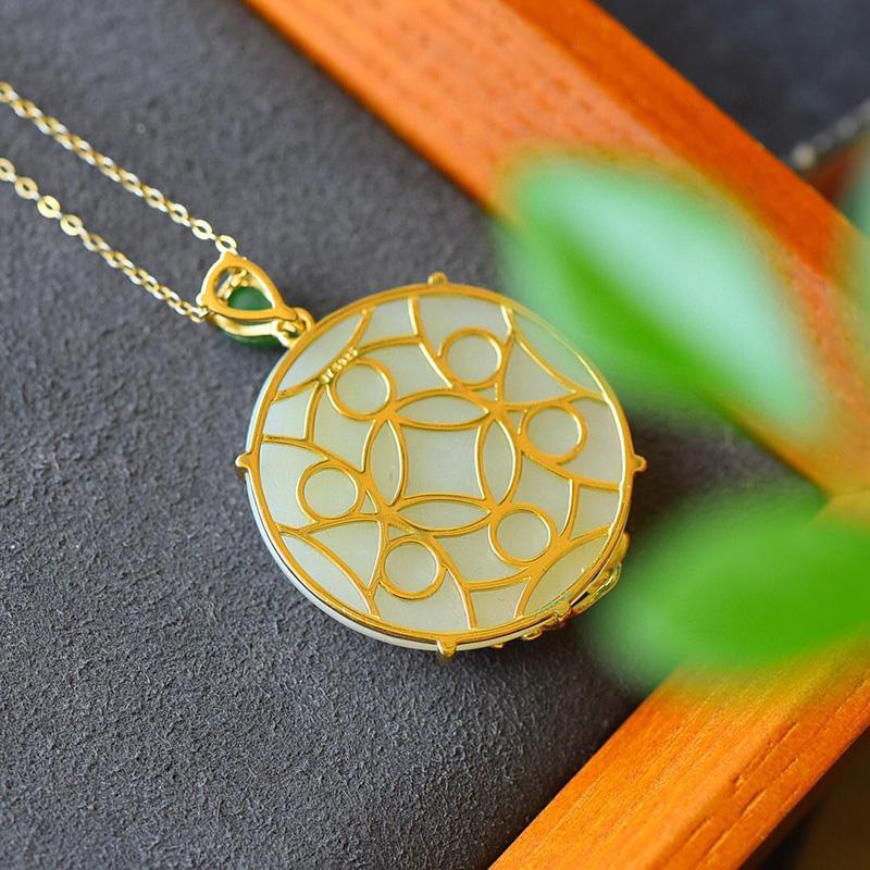 New Natural Hetian Jade Flower Enamel Porcelain Round Pendant Women's Necklace Exquisite Chinese Charm  Jewelry