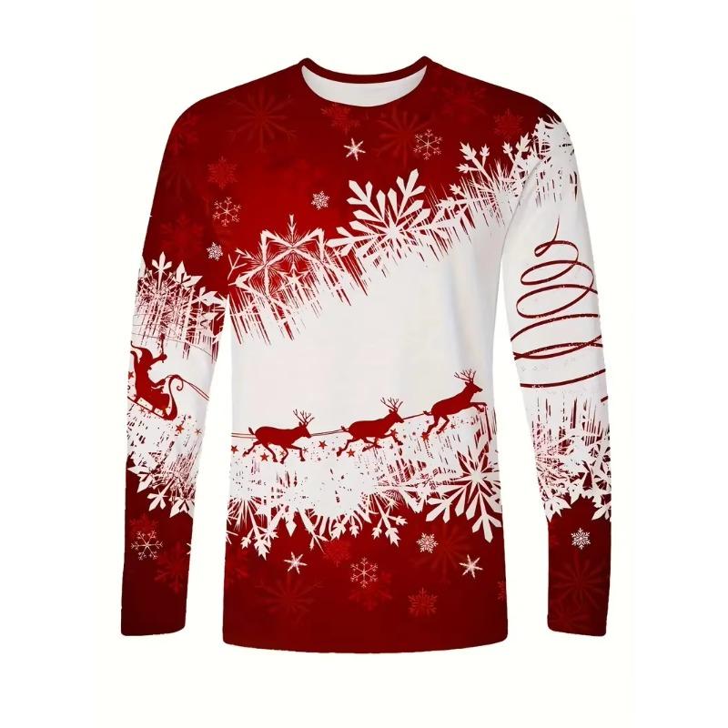 Autumn and Winter Men's Santa Claus 3D Printed Crew Neck Long Sleeve T-Shirt