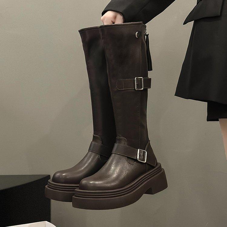 Retro round head belt buckle knight boots autumn and winter velvet brown platform boots British versatile handsome medium boots