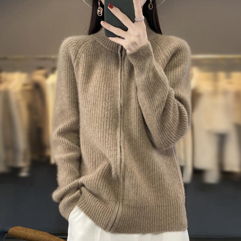 Women Zipper Cardigan Padded Shoulder Stand Collar Women's Cashmere Knitted Coat New Lapel Sweater