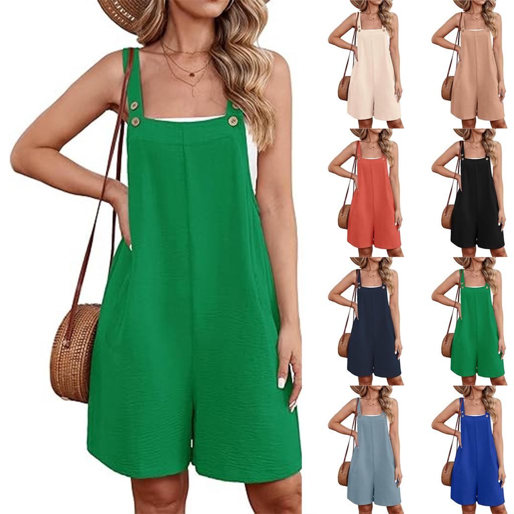 Women's Color Buckle Jumpsuit Shorts With Pockets And Suspenders