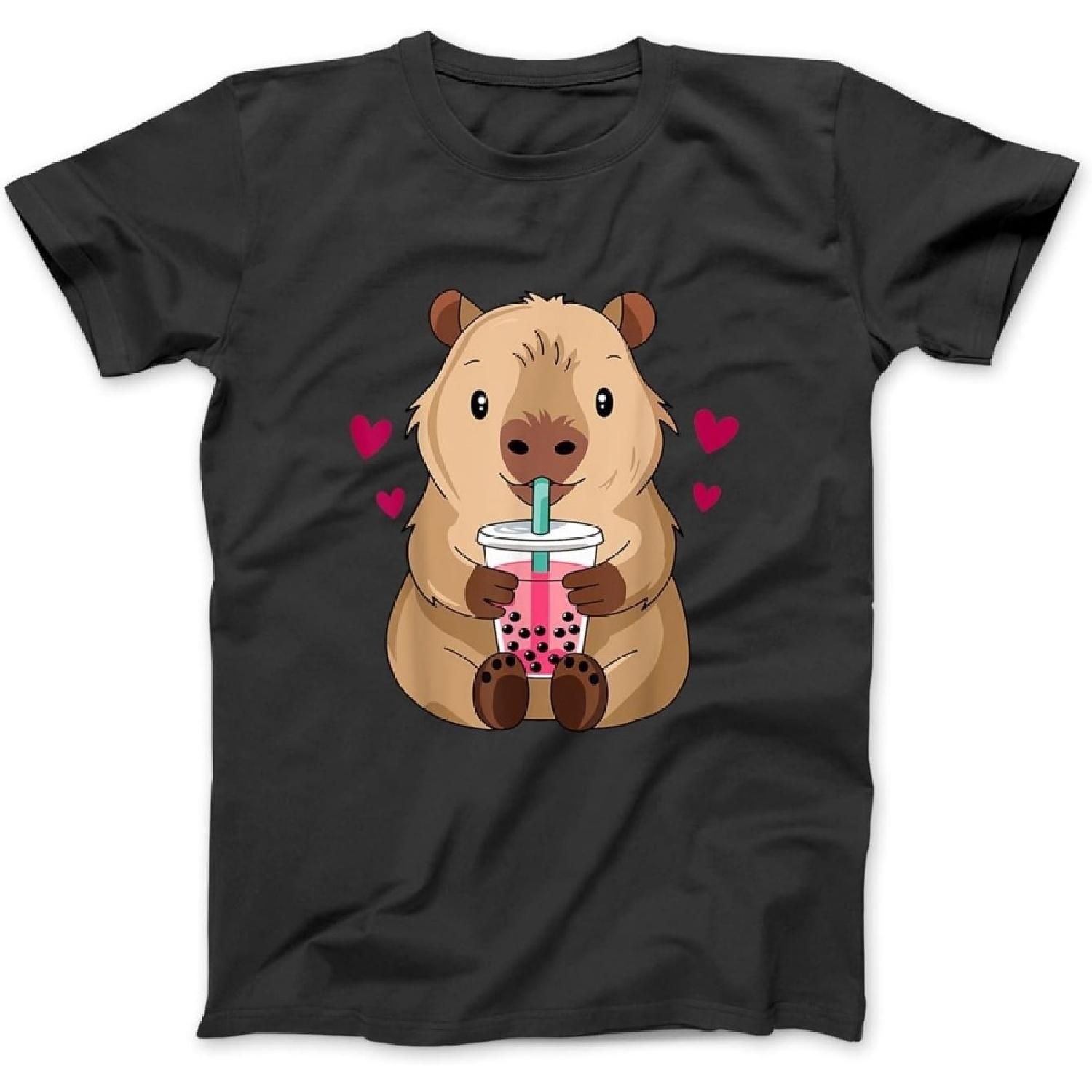 Cute Capybara Kawaii Anime Drinking Bubble Tea Lover Girls T-Shirt Sweatshirt Hoodie for Men Women Kids Made in Canada Black S