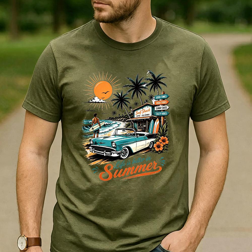 Retro Surf Shack Fan Gift T Shirt Vintage Classic Car Beach Surf Graphic Unisex Unisex Unisex Cotton Summer Vacation Daily Tops
