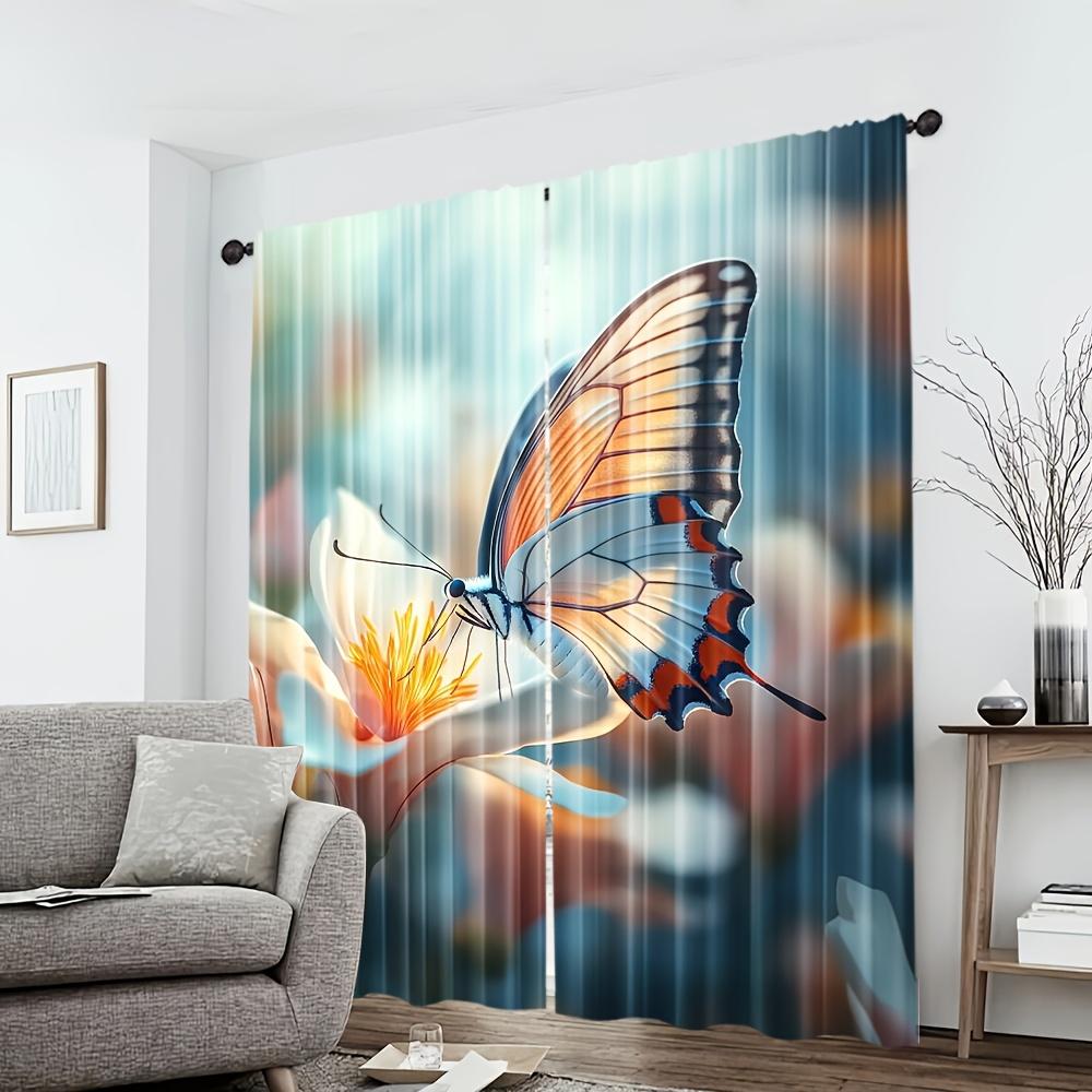 2pcs Elegant Spring Garden Butterfly & Floral Print Curtains   Light Filtering Polyester Drapes for Bedroom   Living Room   Study -