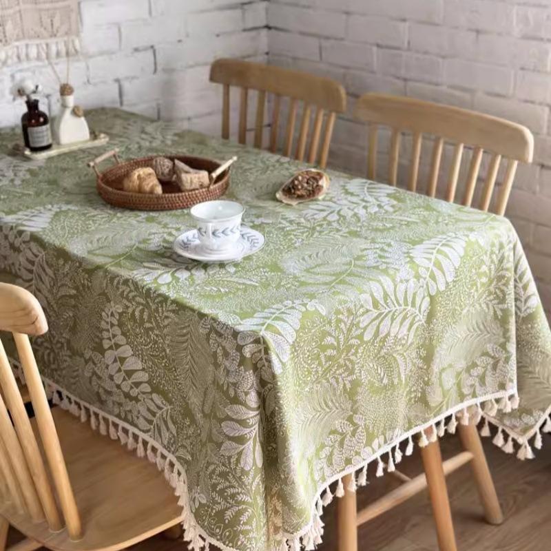 Groene Tafelhoes met Bladpatroon Tafelmat met Kwastjes Hotel Vakantiewoning Duurzaam en Zacht Decoratieve Stof voor Fotografie 60x120cm