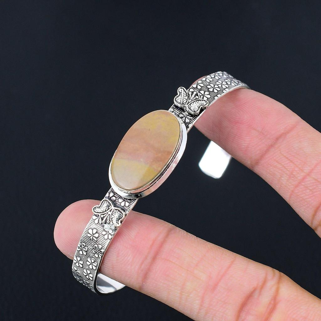 Natural Landscape Jasper Gemstone Bangle Adjustable 925 Silver For Women