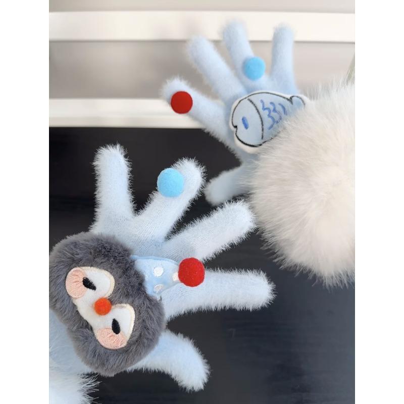 Miffy Rabbit sea salt blue bone girly gloves, cute plush and faux mink, warm split-finger gloves for women