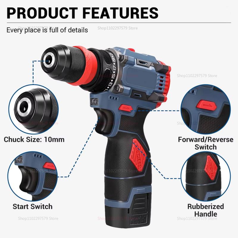 2 In 1 Lithium Brushless Cordless Drill and Electric Screwdriver Multi-Function Power Tool for Home Renovation Furniture Assembl
