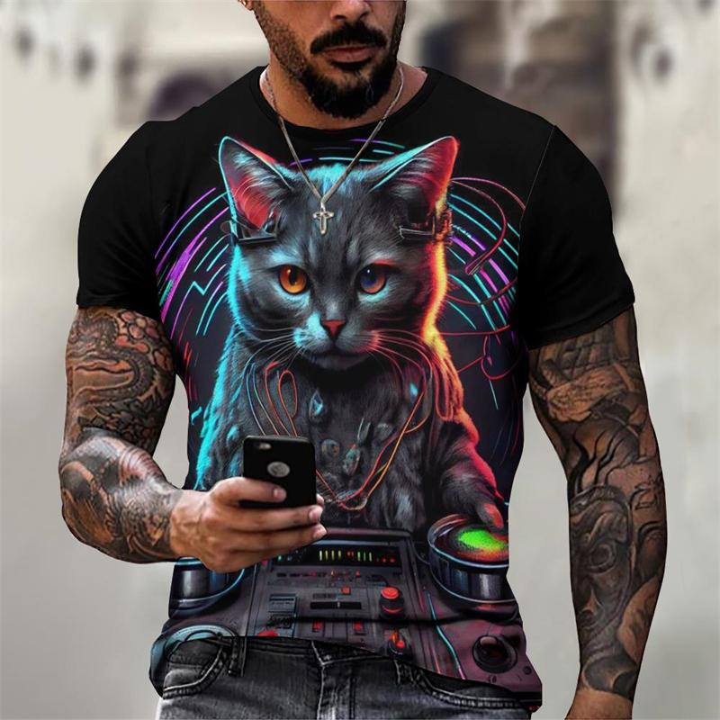 Fajna męska koszulka z nadrukiem Stray Cat Pattern T-shirt Luźna koszulka z krótkim rękawem Oversize męska odzież Topy Streetwear Letnia koszulka