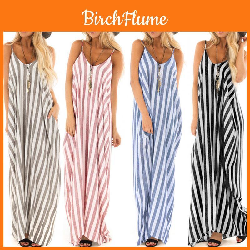 Comfortable And Oversized Women Summer Striped Long Maxi Dress For Casual Beach Days