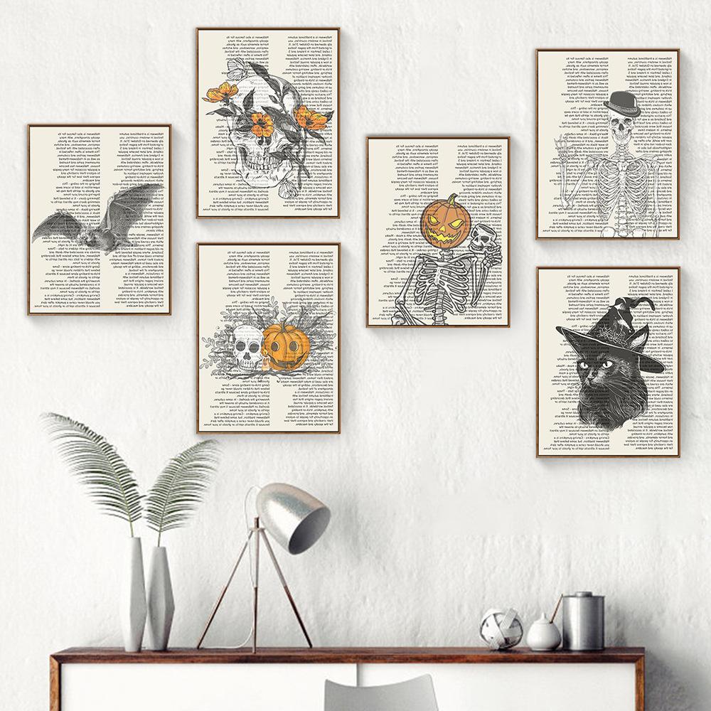 Pittura su Tela Zucca di Halloween Testa Strega Scheletro Pipistrello Quotidiano Inglese Pittura Decorativa Nordica per Soggiorno Casa