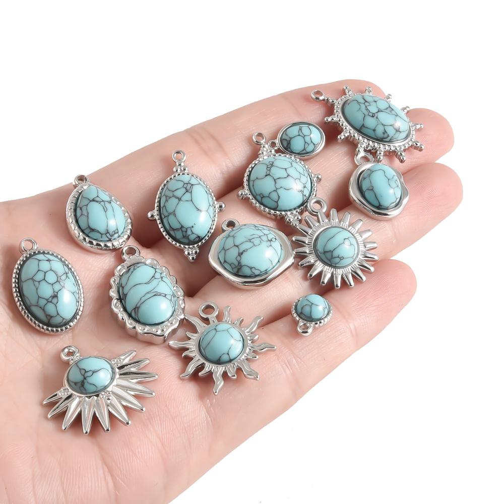 DIY Vintage Sun Oval Charm Stainless Steel Pendants For Jewelry Making Supplies Turquoise Charm Necklace Earrings Decor Findings