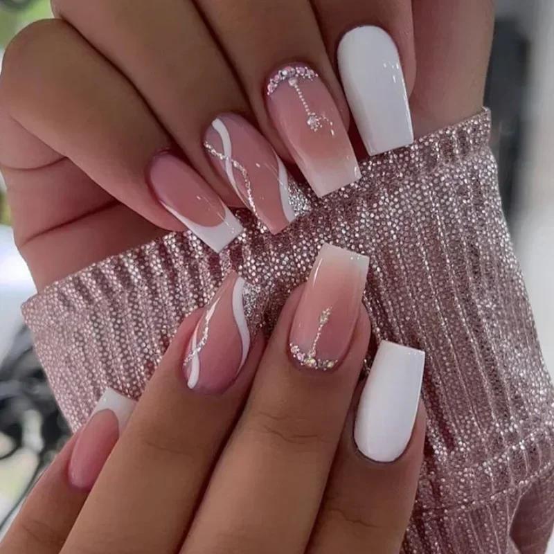24Pcs Nude White French Fake Nail Short Square Nail Tips Fashion Wearable False Nails with Glue Simple Full Cover Press on Nails