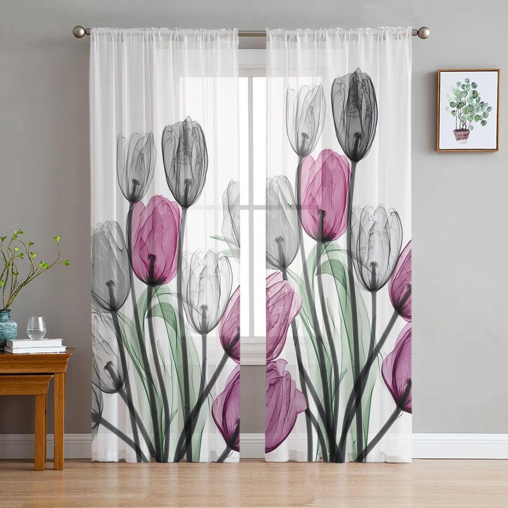 Spring Tulips Easter Mother Day Flowers Tulle Curtains Living Room Home Kitchen Decor Bedroom Window Drapes Light Filtering Made Of Polyester Sitting