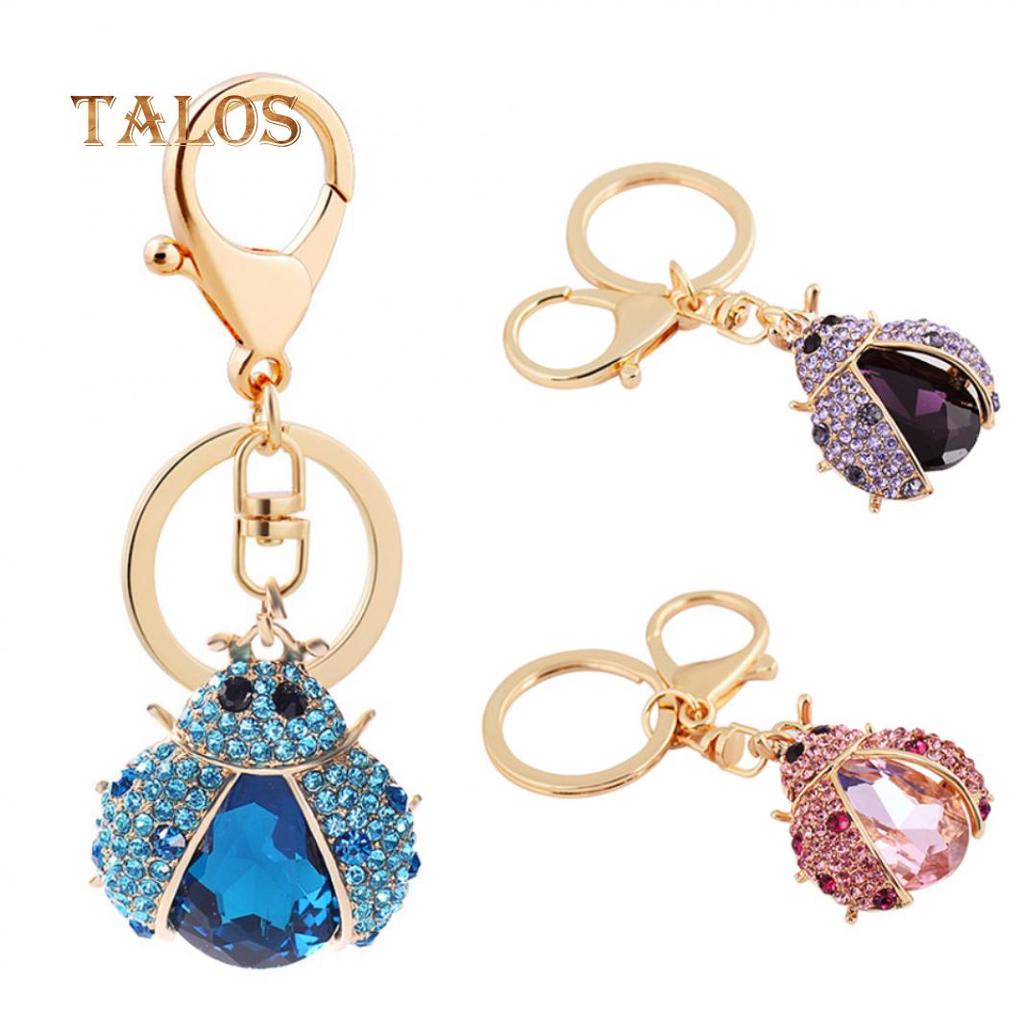 Women Cute Ladybug Shape Crystal Stone Keychain Keys Ring Chain Holder Bag Decor Suspension Trinket